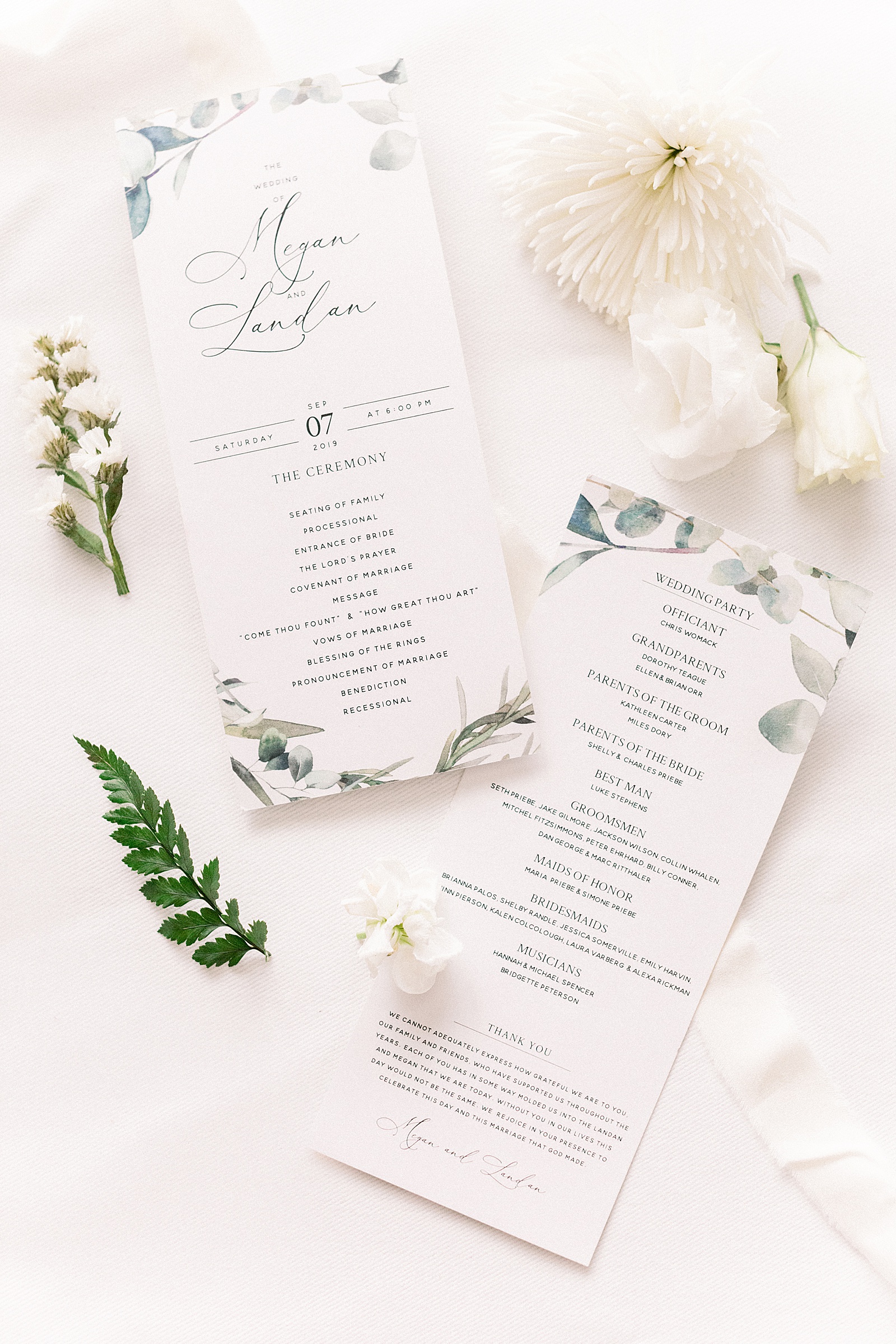 Green and Ivory Wedding Programs, Invitation Suite, Blissful Hill, Austin Texas Wedding Photography