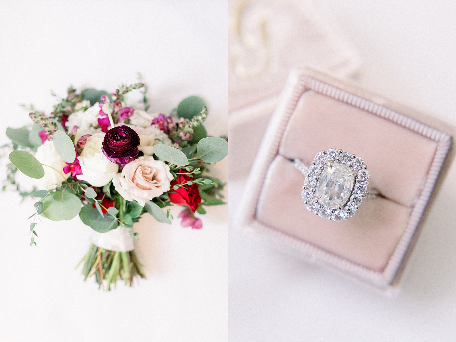 Blush and Rose Wedding Details, Velvet Ring Box, Texas Wedding Photographer