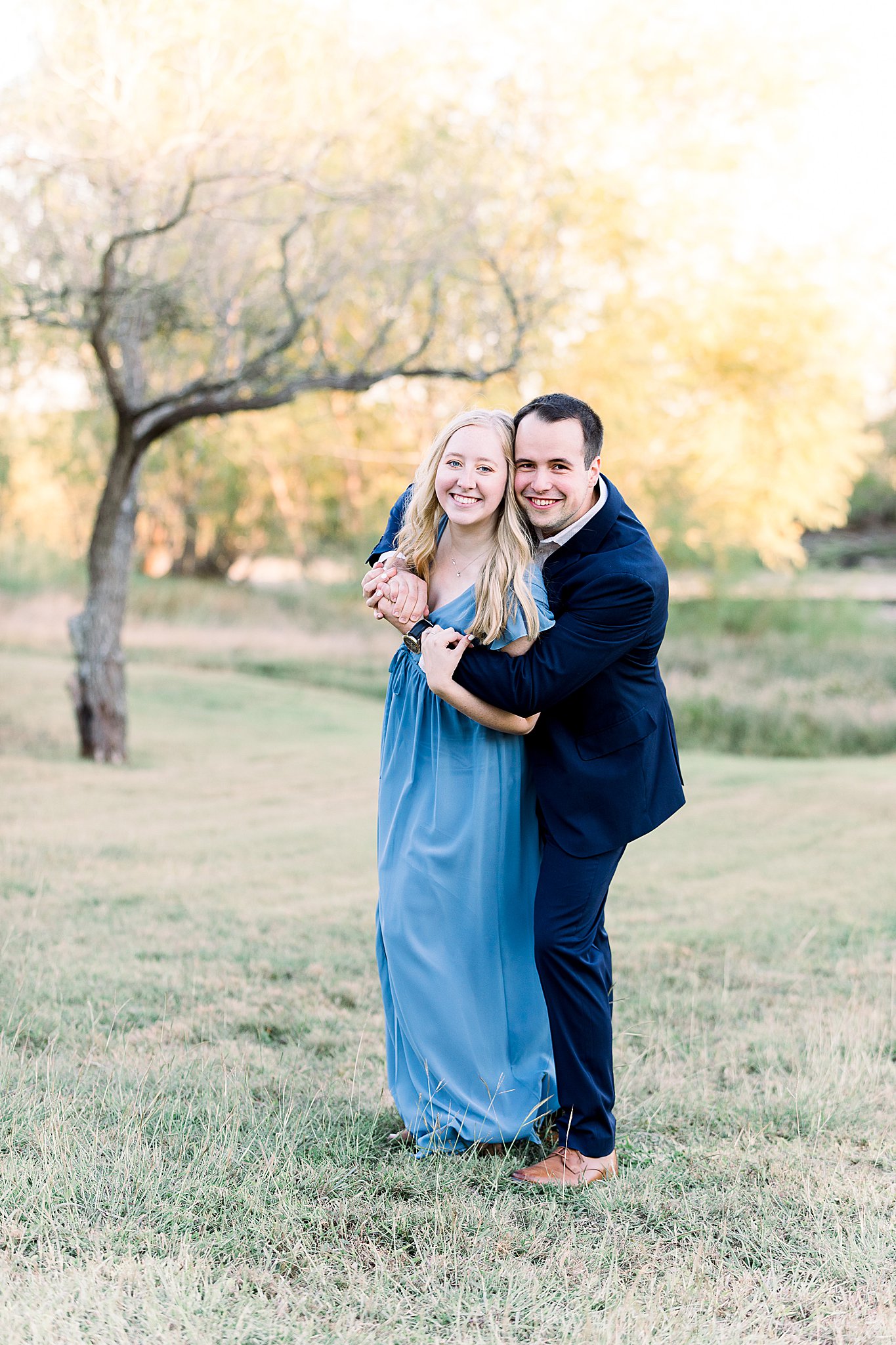 Engaged Couple in Austin, Texas, Blue Dress and Suit