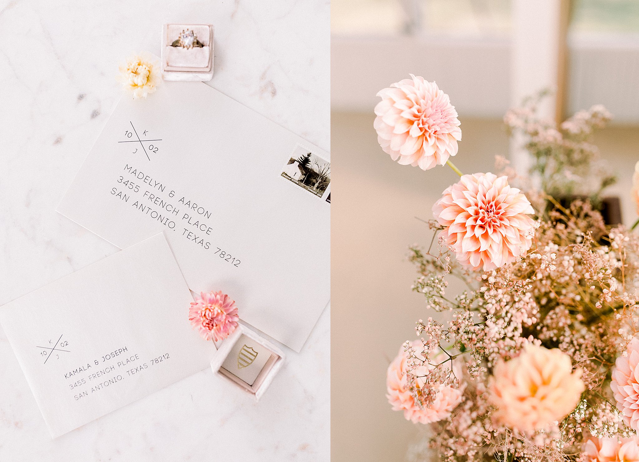 Peach florals, wedding design, diamond ring, invitation