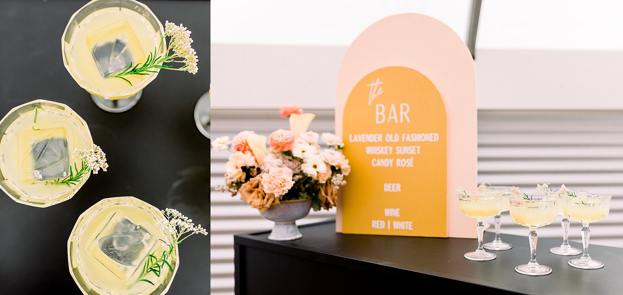 Wedding bar menu inspiration, lavender old fashioned, whiskey sunset, candy rose