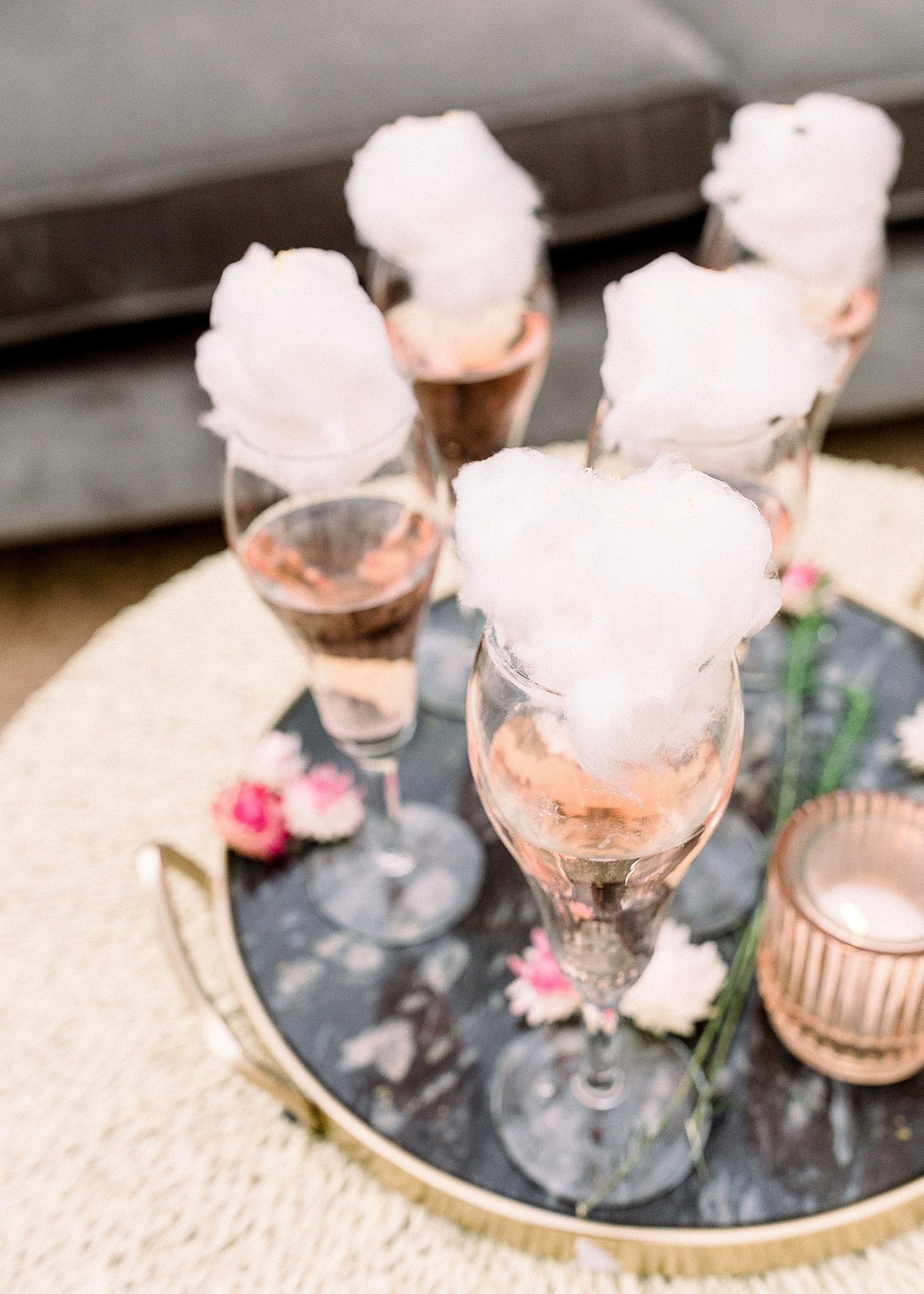 cotton candy rose in crystal glasses wedding inspo