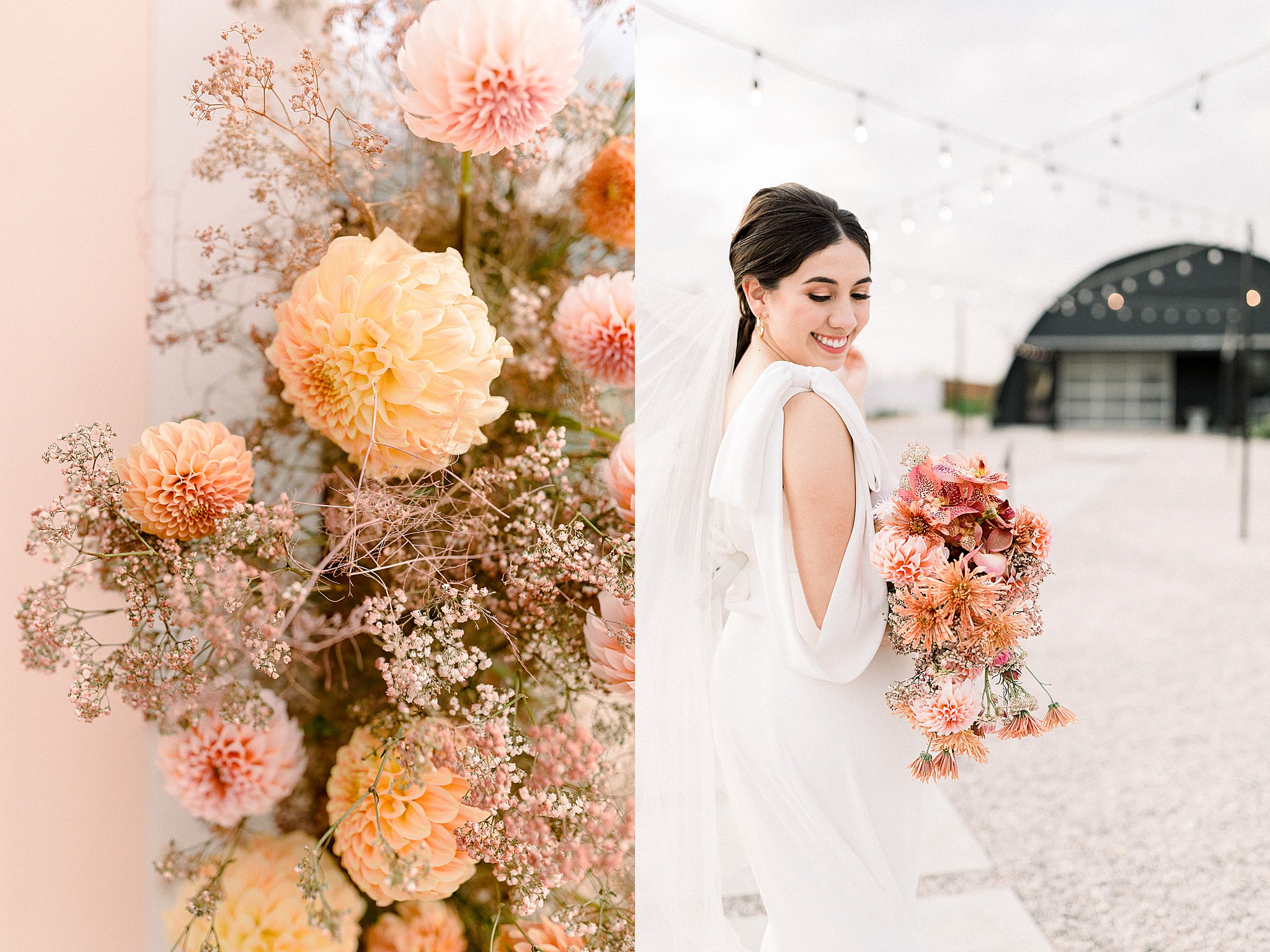 Beautiful bride at Camino Real Ranch with whimsical peach dahlia bouquet