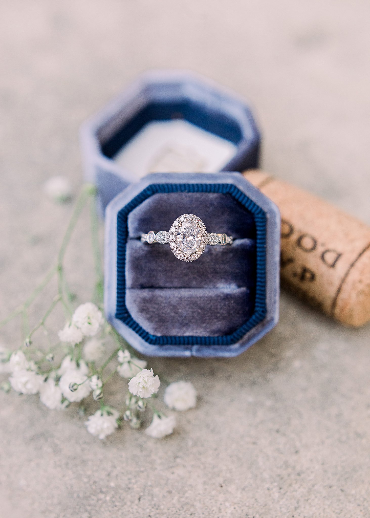 Oval Engagement Ring in Navy Velvet Ring Box, Anna Kay Photography, Austin Wedding Photographer
