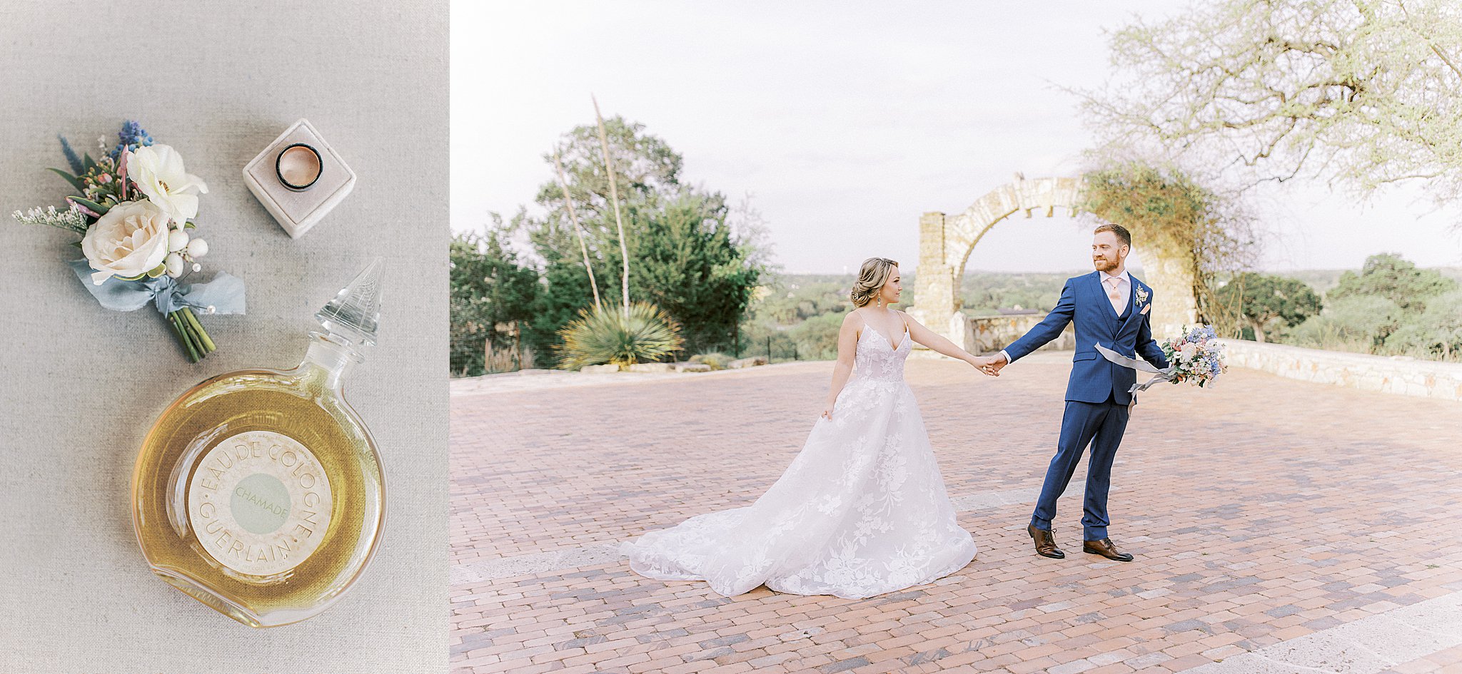 Beautiful bridal shot at Camp Lucy outdoor wedding venue in Austin, Texas with Chamade Guerlain cologne