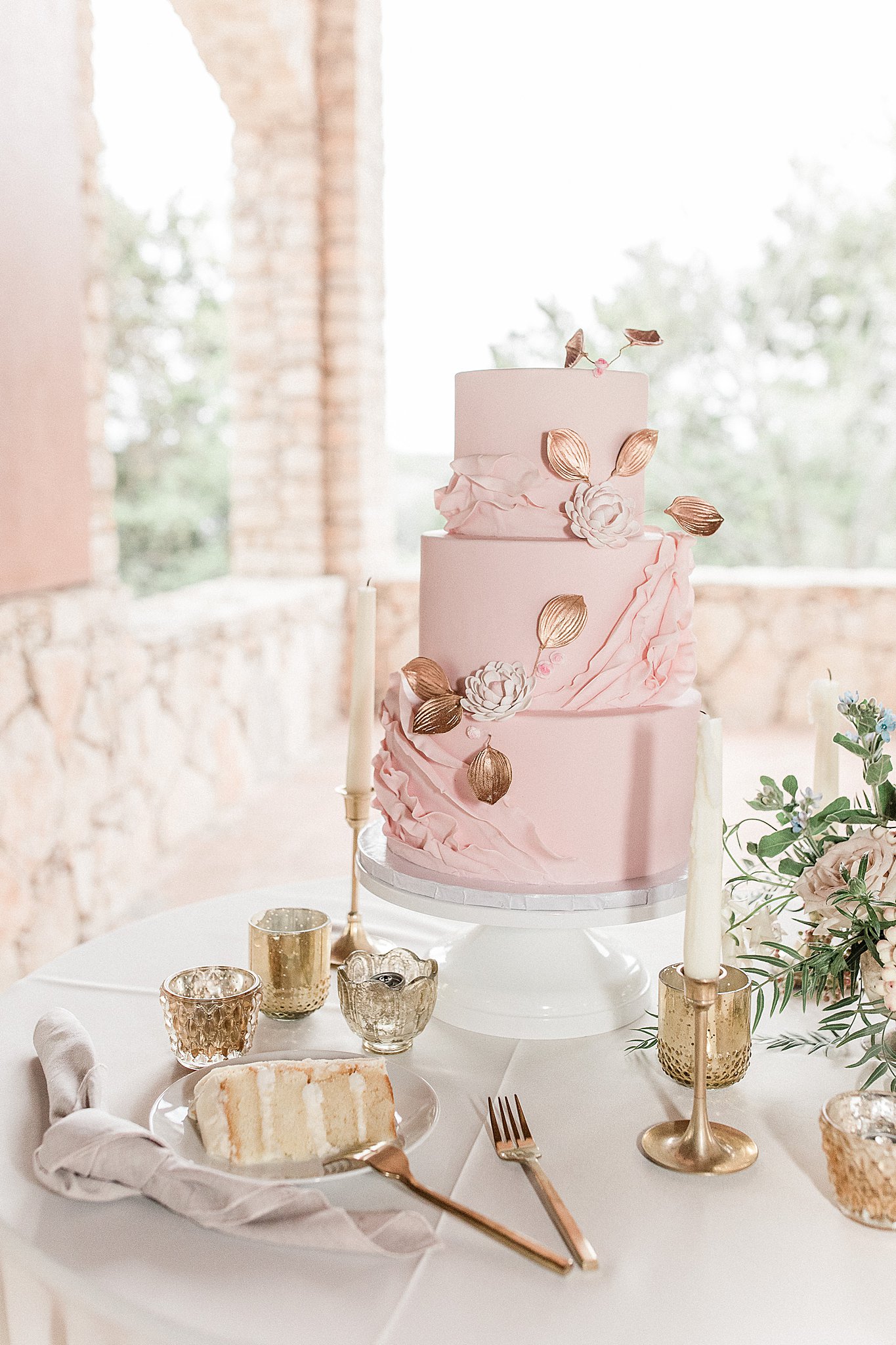 Blush wedding cake with gold details at Austin Texas Wedding reception