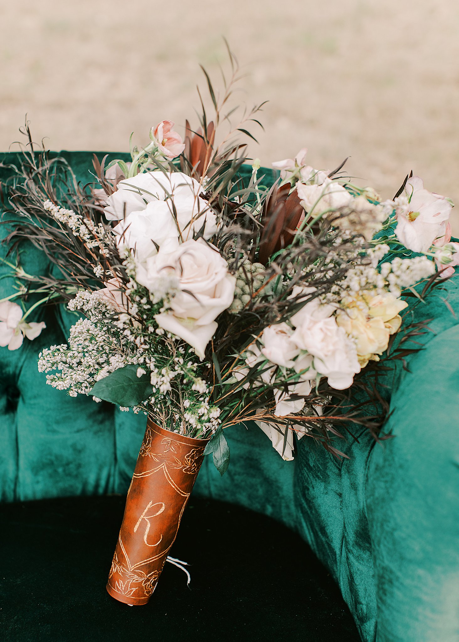 Fall wedding bouquet with leather detail