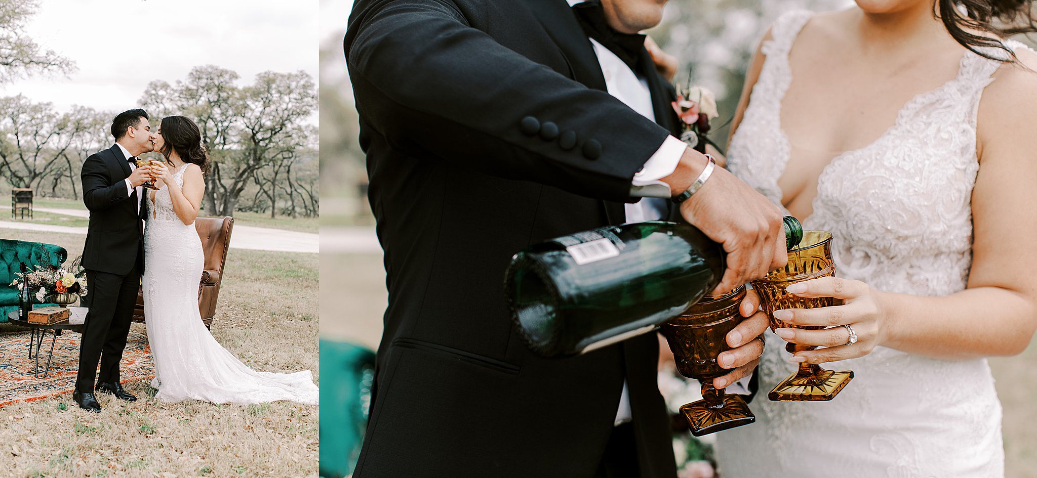 groom pours champagne into gold glass goblet at Fall wedding reception