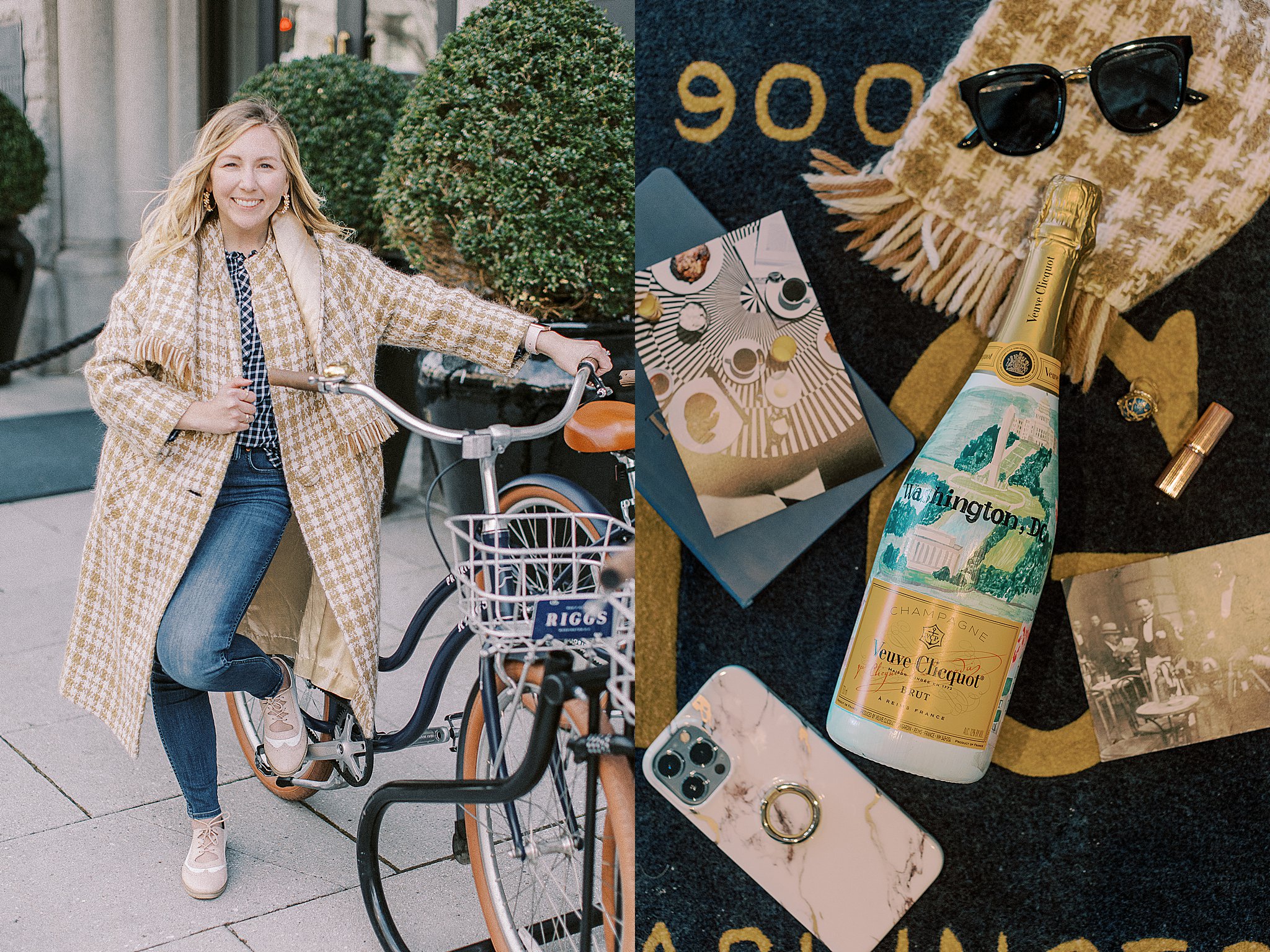 Anna Kay Photography Riggs Hotel city cruiser bikes with basket in DC and Veuve Clicquot custom champagne bottle